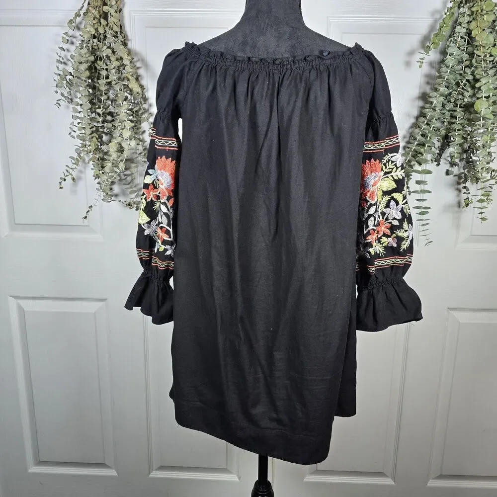 Free People Black Fleur Du Juor Off Shoulder Shift Mini Dress XS Cotton Pockets